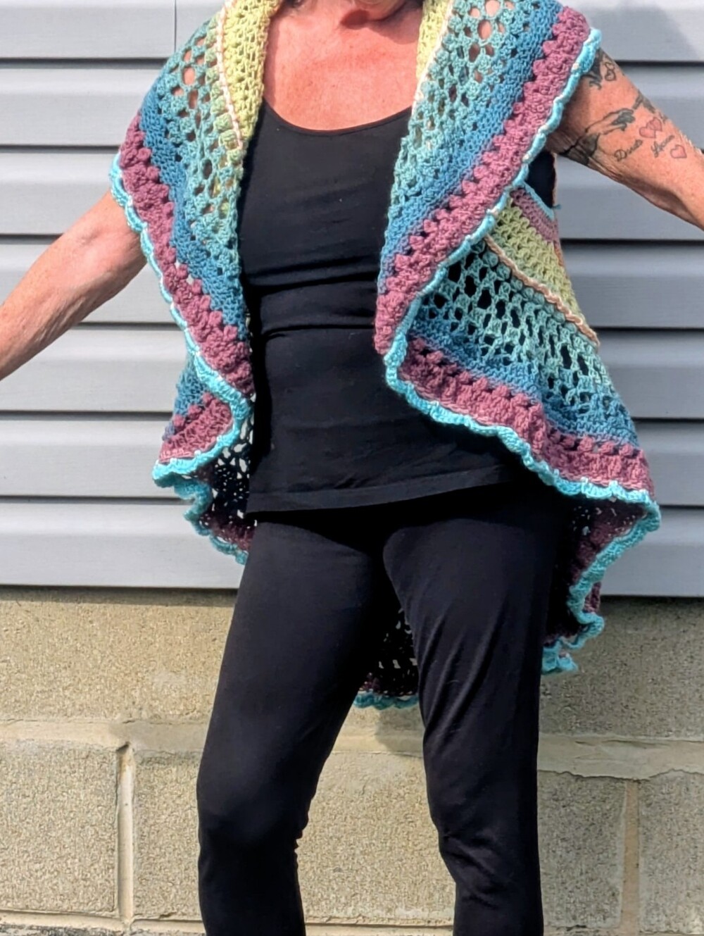 Hand-Crocheted Multicolor Open Front Women's Sweater Vest